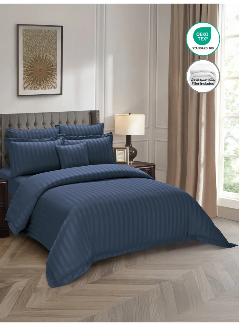 Donetella Mood Indigo Hotel Striped Comforter Set, Fits 200x200 cm Size Bed, Removable Duvet Filler Included, 8-Pcs King Size, 350 GSM Filling.  | Best Price UAE